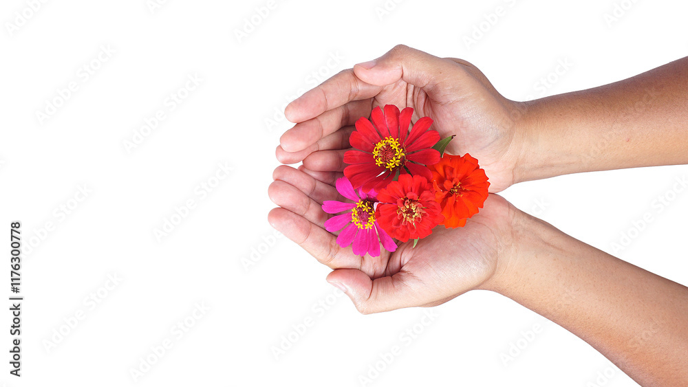 Hand holding zinnia flowers in it palms isolated on transparent background Hand holding zinnia flowers in it palms isolated on transparent background