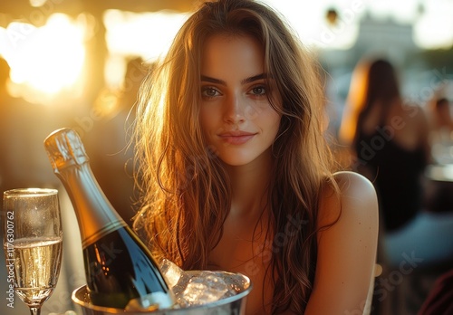 A beautiful young woman sits at an outdoor dining table, her hair down and wavy. She smiles softly as the sun shines on her face from behind photo