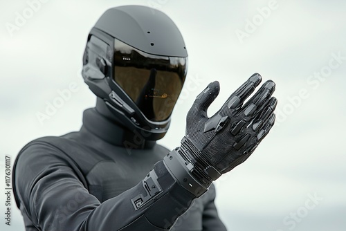 A sleek, futuristic figure in a black suit and helmet extends a hand, showcasing advanced technology and design. photo