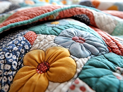 Vintage quilt patterns with handstitched details, nostalgic and artisanal theme photo