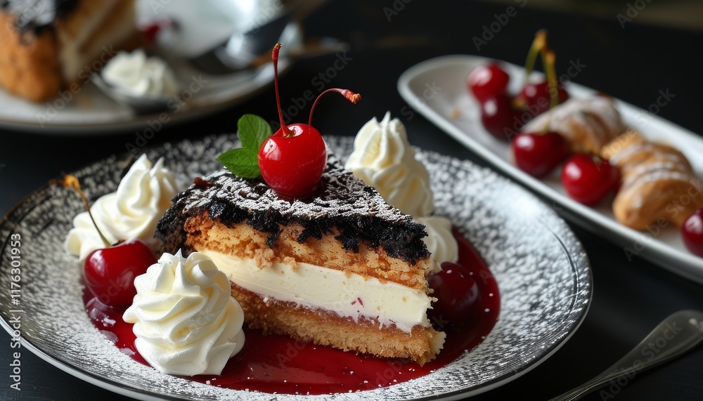 Delicious Black Forest Dessert with Cream and Cherries on a Plate