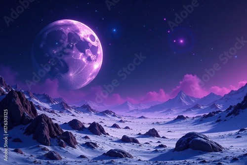 A cosmic moonscape with a large rocky outcropping and purple mist, cosmic, moon