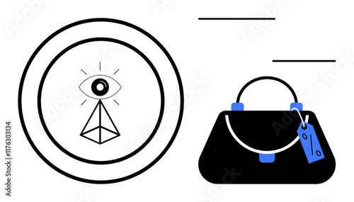 Geometric all-seeing eye inside a circle next to a modern handbag with a tag. Ideal for luxury, vision, fashion, surveillance, security, abstract art, consumerism. Minimalist black and blue abstract
