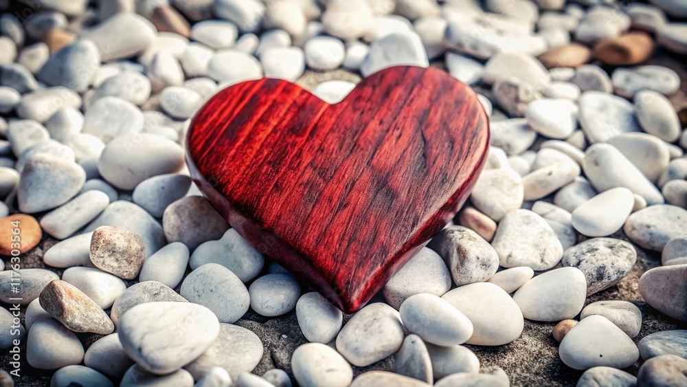 Obraz premium Red Wooden Heart on White Pebbles - Urban Exploration Photography