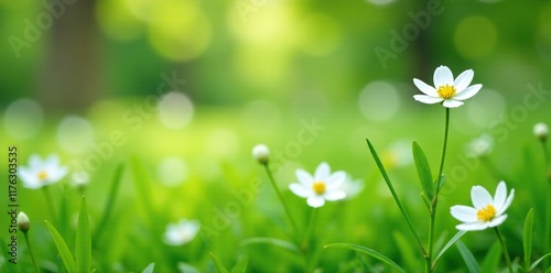 White Prunus glandulosa alba plena blooms in a lush green meadow with soft focus on the flowers, floral, prunus photo