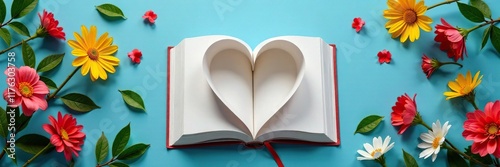 open book page forming a heart shape on a blue background with flowers and leaves surrounding it, flower, natural, paper photo