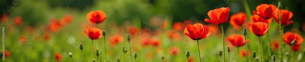 Wild red poppy flowers growing in a garden bed, landscape, nature Wild red poppy flowers growing in a garden bed, landscape, nature