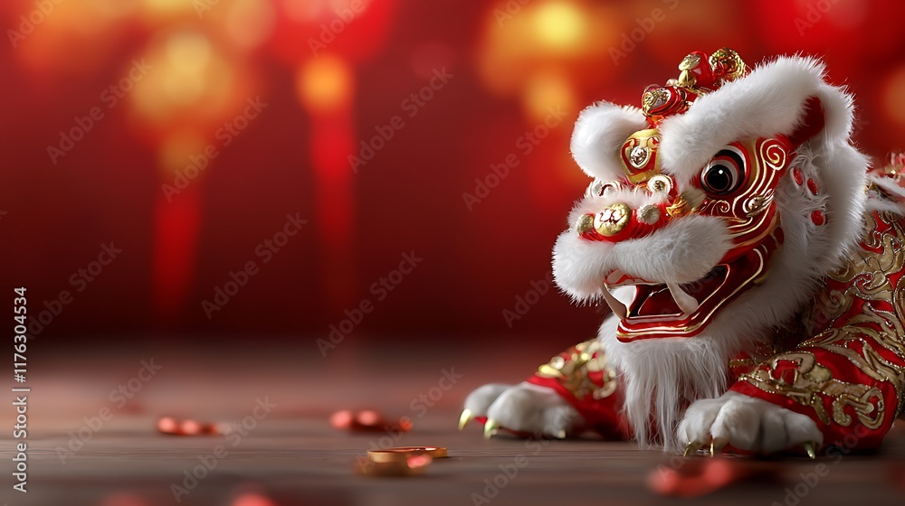Vibrant Chinese Lion Dance Performance on Glowing Festive Stage  Traditional cultural with ornate costume colorful decor and lively energy