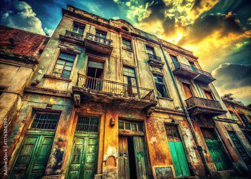 Fototapeta premium Retro Grunge Architectural Photography: Urban Decay Film Grain Texture