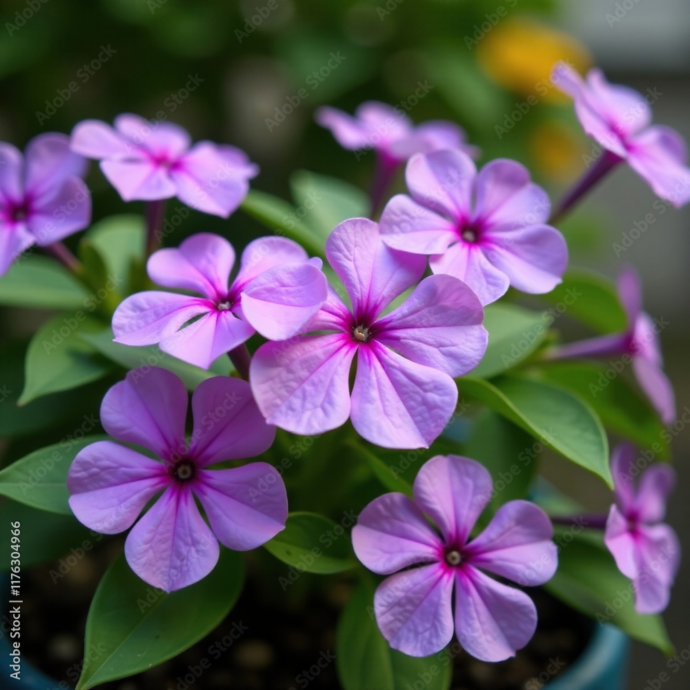 Periwinkle purple Vinca minor blooms in a container garden, planters, periwinkle bloom Periwinkle purple Vinca minor blooms in a container garden, planters, periwinkle bloom