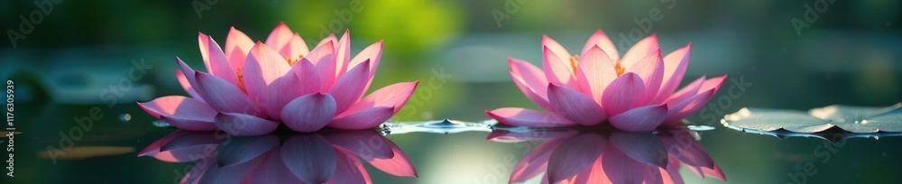Delicate lotus flowers float on serene water surface, water, serene, reflection Delicate lotus flowers float on serene water surface, water, serene, reflection