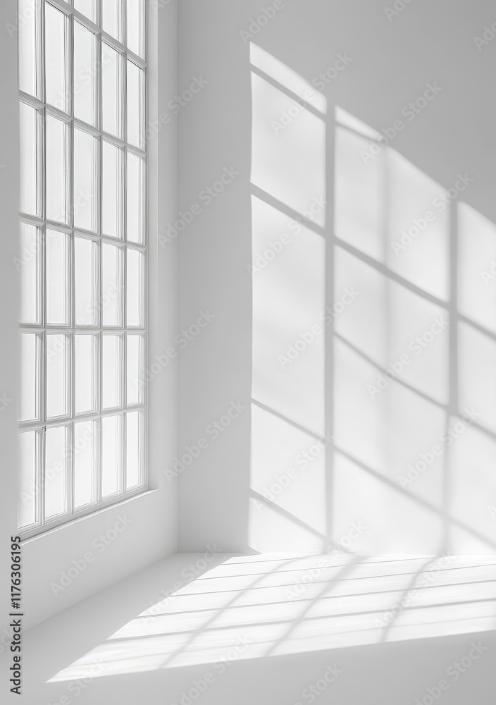 Sunlight streams through a large window in a minimalist white room, casting shadows on the walls and floor.