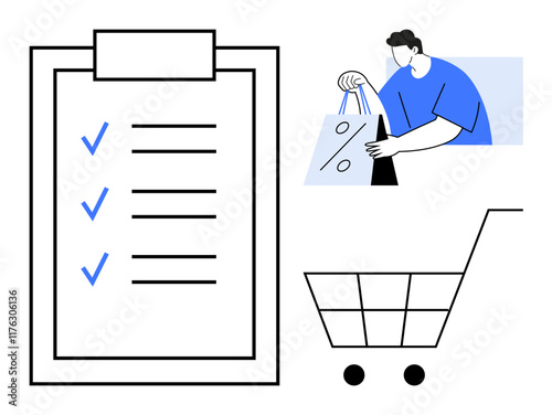 Shopper carrying bags near checklist and shopping cart emphasizing organization, efficiency, and planning in shopping. Ideal for online shopping, e-commerce, retail, to-do lists, task management photo