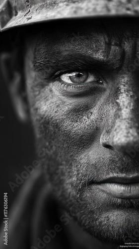 Intense close up portrait of a rugged gritty looking man with a strong determined gaze  His weathered face prominent beard and intense eyes convey a sense of military inspired toughness resilience