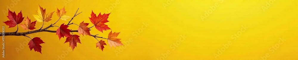 Autumn foliage on a bright yellow background with branches and leaves intertwined, branch details, yellow background, intertwining branches Autumn foliage on a bright yellow background with branches and leaves intertwined, branch details, yellow background, intertwining branches