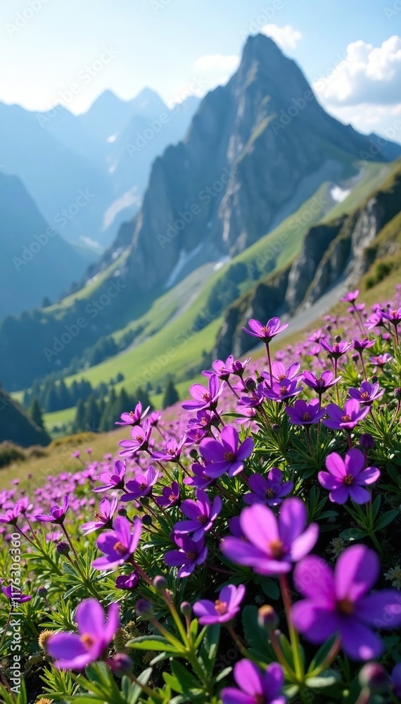 Dense purple flowers blooming on a mountain slope, alpine, purple Dense purple flowers blooming on a mountain slope, alpine, purple