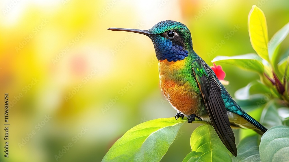 Fototapeta premium A vibrant hummingbird perched on green leaves, showcasing its colorful plumage against a blurred background.