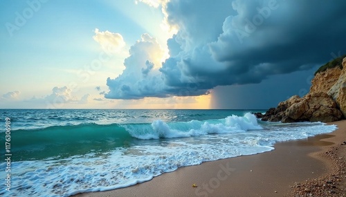 Paesaggio di mare con nuvole grigie e onde agitate, taranto, puglia photo