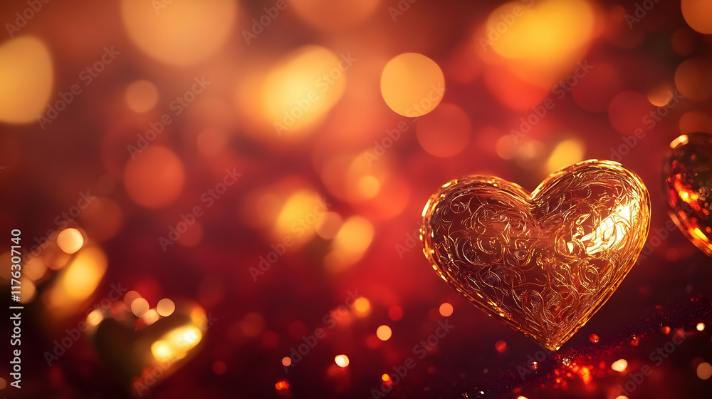 A romantic scene featuring shimmering golden hearts against a soft, warm background.