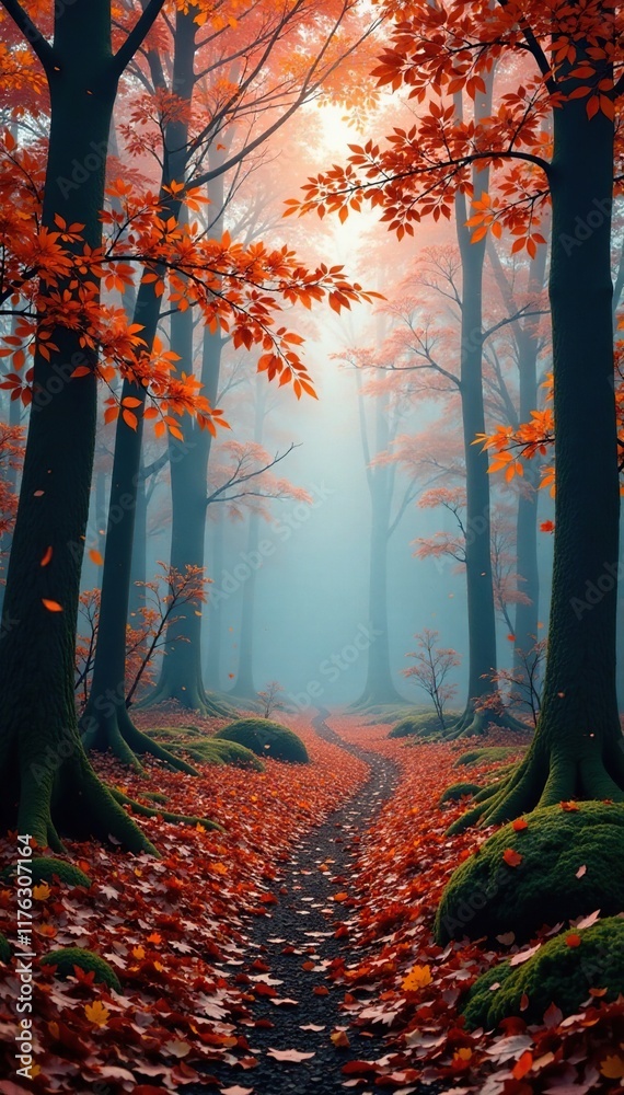 Fototapeta premium Autumn forest landscape with misty atmosphere, autumn, trees