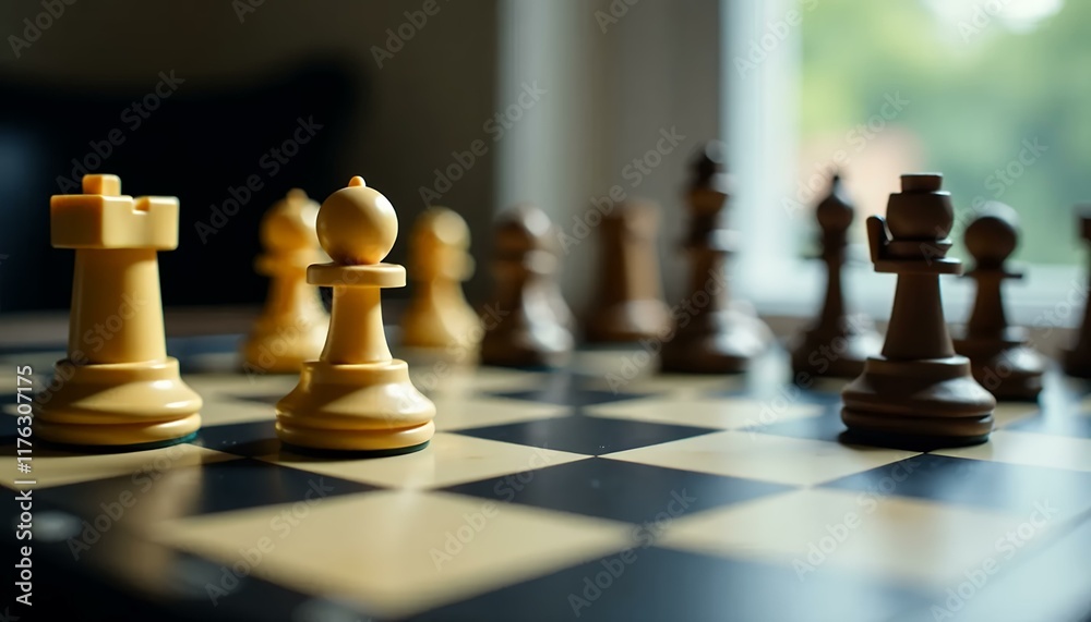 Chess Pieces on Board, Strategy Game, Closeup Chess Board, Rook, Pawn Chess Pieces on Board, Strategy Game, Closeup Chess Board, Rook, Pawn