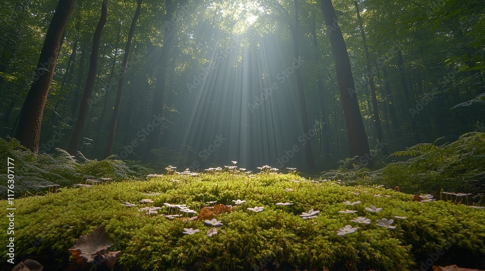 Obraz premium A serene forest scene with sunlight filtering through trees, illuminating a mossy ground.