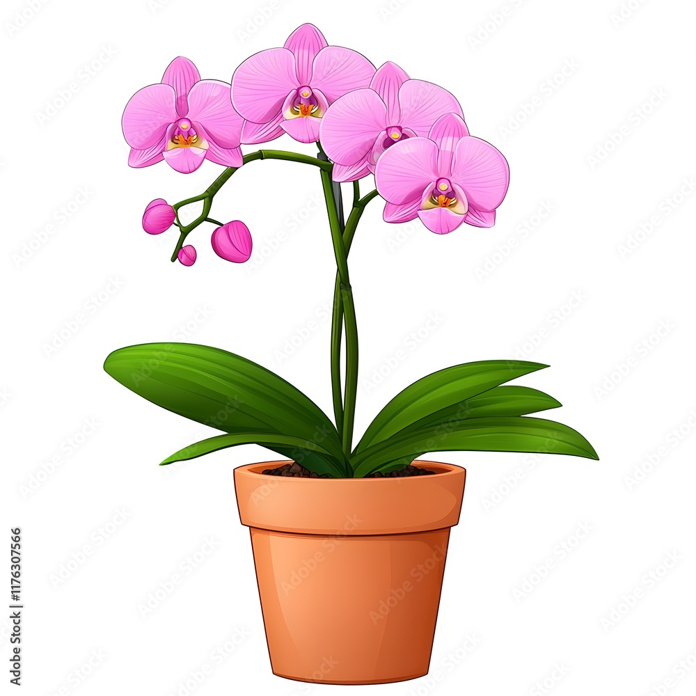 Obraz premium Beautiful Pink Orchid Flower in a Terracotta Pot with Green Leaves