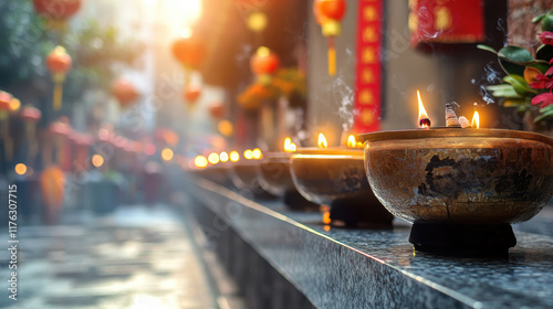 serene temple scene with glowing incense burners, vibrant lanterns, and soft sunlight creating peaceful atmosphere