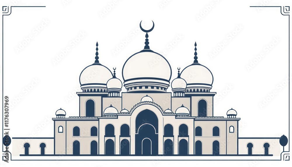 Fototapeta premium Ornamental mosque icon with layered domes and calligraphic borders.