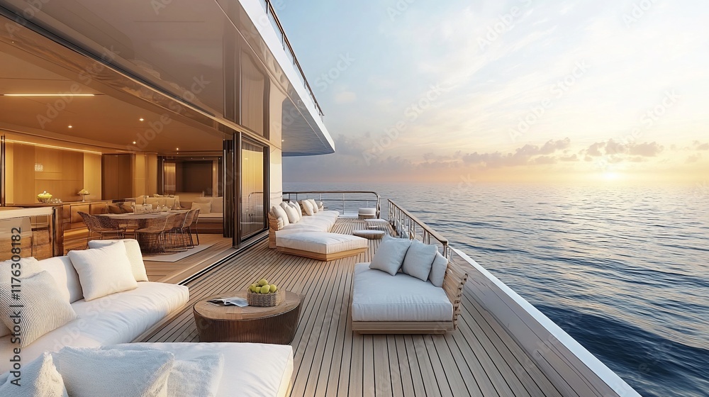 Fototapeta premium Luxury yacht sunset ocean view deck.