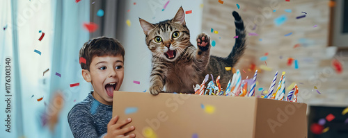 Boy surprised by cat jumping from box.