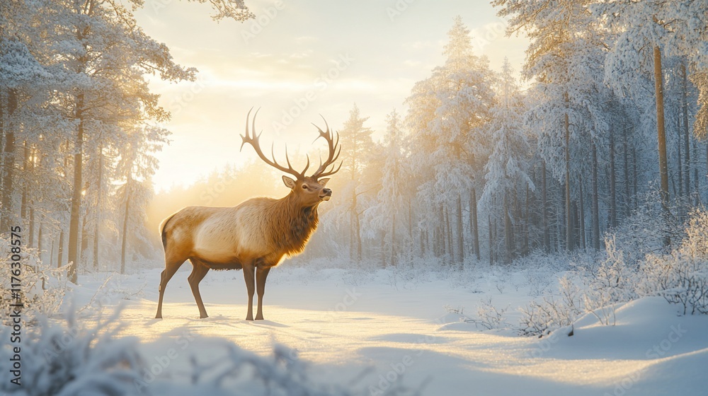 Majestic elk standing in a snowy winter forest at sunrise. Majestic elk standing in a snowy winter forest at sunrise.