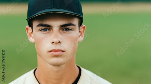 A young baseball player stands confidently on the field, showcasing determination and focus. The green background highlights the passion and dedication of youth sports. photo