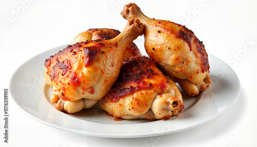 Baked chicken thighs with crispy skin and spices on a white plate, with copy space photo