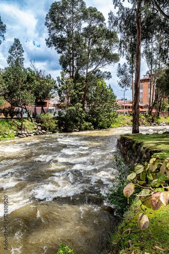 The Tomebamba River, a vibrant artery of Cuenca, Ecuador, flows gracefully through lush greenery. This image captures the river's serene beauty with its sparkling waters, verdant banks, and trees. photo