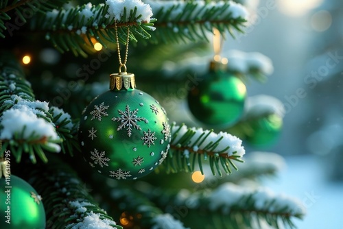 Emerald and crystal ornaments hang from the branches of a stunning Christmas tree adorned with snowflakes, festive, crystal, winter