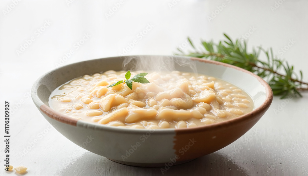 Amaranth porridge with steam and mint on a light background, with copy space Amaranth porridge with steam and mint on a light background, with copy space