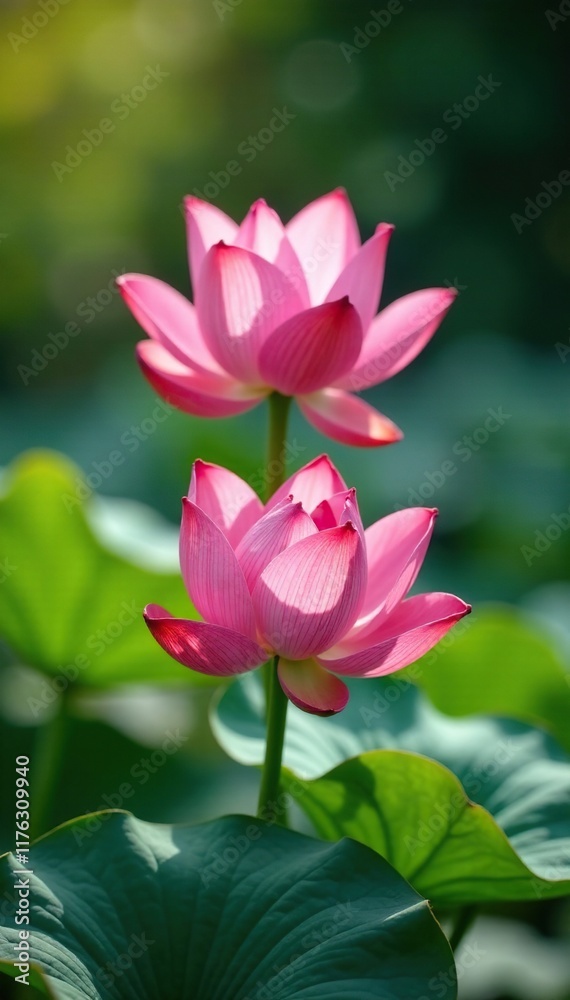 Pink lotus flowers with delicate petals unfolding in a sunny pond, lotus flowers, blossom Pink lotus flowers with delicate petals unfolding in a sunny pond, lotus flowers, blossom