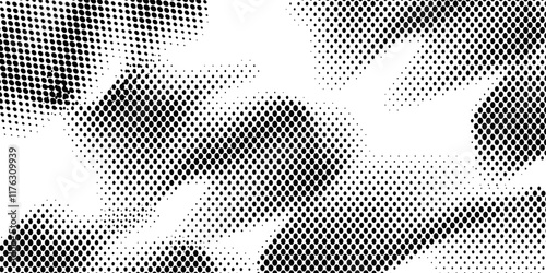 Grunge halftone gradient background. Faded grit noise texture. White and black sand wallpaper. Retro pixelated backdrop. Anime or manga style comic overlay. Vector graphic design textured template