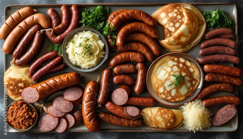 Bavarian Festival Platter with Sausages, Pancakes, Sauerkraut, and Potatoes Delight photo