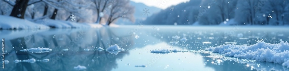 Snowflakes gently falling on a serene frozen lake, frozen lake, snowflake, snow covered Snowflakes gently falling on a serene frozen lake, frozen lake, snowflake, snow covered