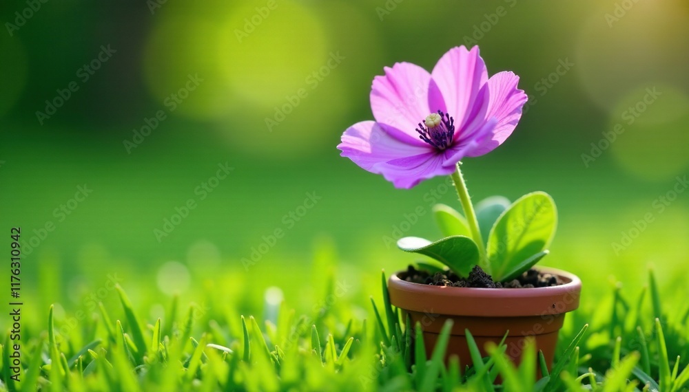 Delicate purple eustoma blooms in a small terracotta pot on the emerald green grass, purple, flowers Delicate purple eustoma blooms in a small terracotta pot on the emerald green grass, purple, flowers