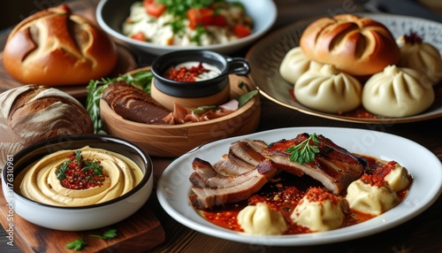 Bavarian Feast Featuring Roasted Pork with Various Side Dishes and Fresh Breads on Table photo