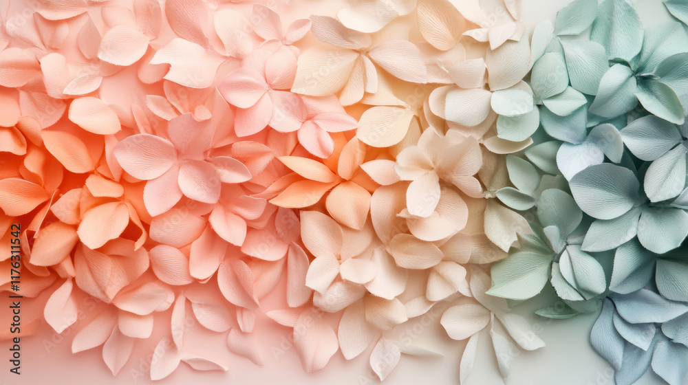 Obraz premium Soft pastel petals in gradient hues of pink, peach, cream, and mint green create serene floral arrangement, evoking sense of calm and natural beauty