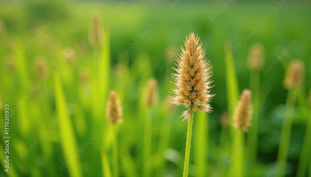 Brown needle shaped flowers on tall green stem, Tall grass, Razor grass Brown needle shaped flowers on tall green stem, Tall grass, Razor grass