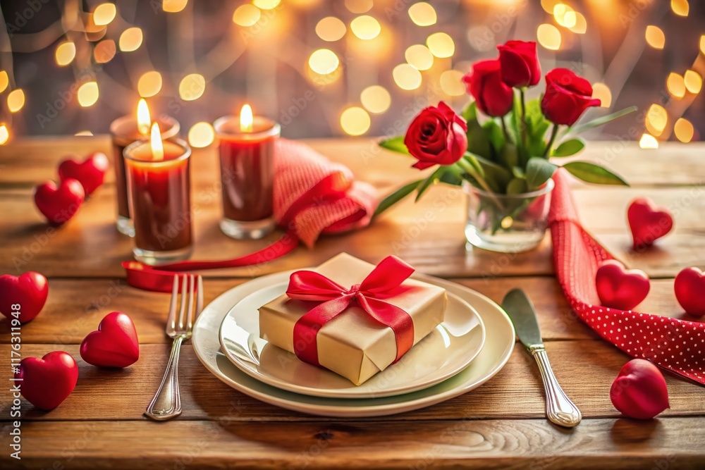 Romantic Valentine's Day Table Setting: Flat Lay Bokeh Photo of Gift, Plate & Festive Decor Romantic Valentine's Day Table Setting: Flat Lay Bokeh Photo of Gift, Plate & Festive Decor