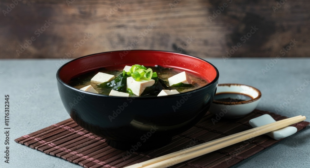 Japanese tofu soup with seaweed, spring onions in black bowl red rim, on bamboo mat, chopsticks and soy sauce Japanese tofu soup with seaweed, spring onions in black bowl red rim, on bamboo mat, chopsticks and soy sauce