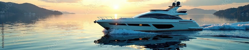 Obraz premium The gentle lapping of waves against the hull of a luxury yacht creates a soothing melody as it glides on a peaceful lake, vessel, boat