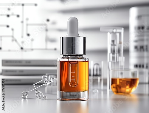 A retinol serum bottle highlighted with scientific diagrams in the backdrop