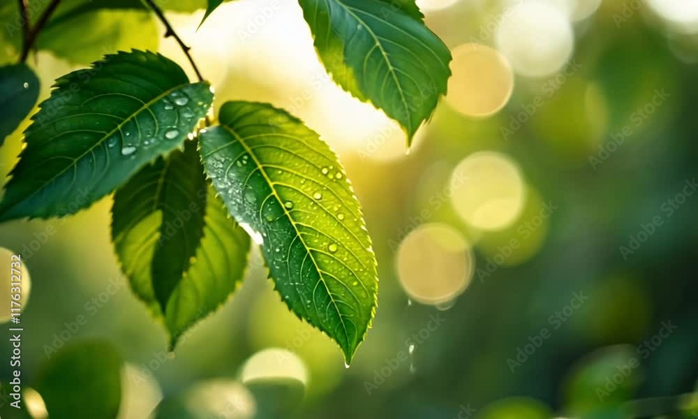 3D Animation of A close-up of green leaves with water droplets on them, set against a blurred background of sunlight. Video background 3D Animation of A close-up of green leaves with water droplets on them, set against a blurred background of sunlight. Video background